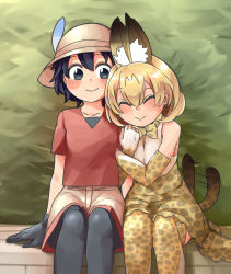 Rule 34 | 10s, 2girls, :&gt;, animal ears, apple12th, black eyes, black hair, blush, blush stickers, bucket hat, commentary request, closed eyes, feathers, happy, hat, highres, kaban (kemono friends), kemono friends, multiple girls, pantyhose, serval (kemono friends), serval print, serval tail, smile, tail, tail wagging, thighhighs