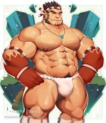 Rule 34 | 1boy, abs, bara, bare pectorals, body hair, bulge, chest hair, dsharp, facial hair, fang, feet out of frame, fundoshi, goatee, hachimaki, hands on own hips, headband, highres, japanese clothes, jewelry, large pectorals, long sideburns, looking at viewer, male focus, male underwear, muscular, navel, navel hair, necklace, nejiri hachimaki, nipples, one eye closed, paid reward available, patreon username, pectorals, short hair, sideburns, solo, tajikarao (housamo), thick thighs, thighs, tokyo houkago summoners, underwear, wet, wet clothes, wet male underwear, white male underwear