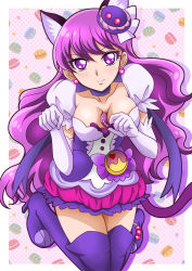 Rule 34 | 1girl, animal ears, between breasts, boots, border, breasts, cat ears, choker, cleavage, collarbone, cure macaron, earrings, elbow gloves, floating hair, food, food-themed hair ornament, gloves, hair between eyes, hair ornament, hanzou, highres, jewelry, kirakira precure a la mode, long hair, looking at viewer, macaron, macaron hair ornament, medium breasts, miniskirt, outside border, pink skirt, precure, purple choker, purple eyes, purple footwear, purple hair, short sleeves, skirt, smile, solo, thigh boots, thighhighs, very long hair, white border, white gloves, zettai ryouiki