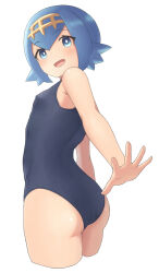 Rule 34 | 1girl, ass, blue eyes, blue hair, blush, breasts, bright pupils, covered erect nipples, creatures (company), cropped legs, from behind, game freak, hiyoshipow, lana (pokemon), looking at viewer, looking back, nintendo, one-piece swimsuit, open mouth, pokemon, pokemon sm, short hair, small breasts, smile, solo, swimsuit, white background