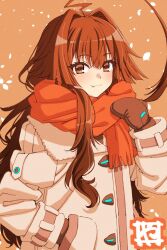 Rule 34 | 1girl, ahoge, artist logo, brown eyes, brown hair, brown mittens, closed mouth, coat, commentary request, fang, highres, huge ahoge, jacket, kantai collection, kuma (kancolle), long hair, mittens, orange scarf, scarf, smile, solo, upper body, white jacket, winter clothes, winter coat, yamayoshi