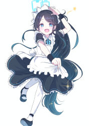 Rule 34 | 1girl, :d, absurdres, apron, aris (blue archive), aris (maid) (blue archive), arm up, black dress, black footwear, black hair, black wristband, blue archive, blue eyes, blue ribbon, blush, collared dress, commentary, commentary request, dress, english commentary, frilled apron, frilled dress, frills, full body, giorgio (yo sumire sola1), halo, highres, long hair, looking at viewer, maid, maid apron, maid headdress, mary janes, mixed-language commentary, neck ribbon, official alternate costume, open mouth, pantyhose, parted bangs, ponytail, ribbon, shoes, short sleeves, sidelocks, simple background, skirt, skirt hold, smile, solo, sparkle, star (symbol), swept bangs, very long hair, white apron, white background, white pantyhose, wing collar, wristband