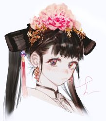 Rule 34 | 1girl, blush, brown hair, closed mouth, earrings, flower, hair flower, hair ornament, highres, jewelry, looking at viewer, original, pigeon666, pink flower, portrait, purple eyes, signature, simple background, solo, tassel, twintails, white background