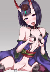 Rule 34 | 1girl, bad id, bad pixiv id, bare shoulders, black hair, grabbing another&#039;s breast, breasts, censored, collarbone, eyeliner, fate/grand order, fate (series), grabbing, highres, horns, japanese clothes, kimono, makeup, midriff, naked kimono, navel, nipples, oni, purple eyes, pussy, grabbing own breast, short eyebrows, short hair, short kimono, shuten douji (fate), small breasts, solo, sweat, tachihaya hiro, tongue, tongue out