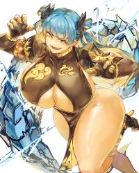 Rule 34 | 1girl, absurdres, ass, black dress, black gloves, blue eyes, breasts, cleavage, curvy, dress, elbow gloves, eyelashes, fafnir (last origin), fang, female focus, gloves, highres, horns, huge breasts, larribee, last origin, loincloth, long hair, looking at viewer, shiny skin, skin fang, smile, solo, tail, thick thighs, thighs, underboob, white background, wide hips, yellow eyes
