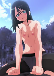 Rule 34 | 1girl, absurdres, anime screenshot, black hair, black shirt, blue eyes, blush, breasts, cleavage, collarbone, futoku no guild, girl on top, highres, navel, nipples, open mouth, panties, pantyhose, purple panties, screencap, shirt, short eyebrows, small breasts, stitched, stomach, thick eyebrows, thighs, third-party edit, tokishikko dana, topless, underwear