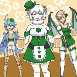 Rule 34 | 10s, 3girls, :d, ahoge, alcohol, animal ears, beer, beer mug, blonde hair, blue eyes, blue hair, blue wings, blush, bow, breasts, choker, claws, clover hair ornament, cup, draco (monster musume), dragon girl, dragon tail, dragon wings, closed eyes, feathered wings, four-leaf clover hair ornament, green wings, hair bow, hair ornament, harpy, hat, horns, looking at viewer, medium breasts, merino (monster musume), monster girl, monster musume no iru nichijou, mug, multiple girls, open mouth, pan (monster musume), papi (monster musume), pointy ears, purple eyes, ricedawgv2, saint patrick&#039;s day, scales, sheep ears, sheep girl, sheep horns, short hair, skirt, skirt tug, slit pupils, small breasts, smile, tail, white hair, wings, wool