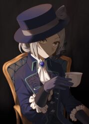 Rule 34 | 1girl, armchair, ascot, boater hat, bow, chair, closed mouth, collared shirt, cup, dark background, ever aria, gloves, grey hair, hair bun, hand up, hat, hat bow, highres, holding, holding cup, jacket, looking at viewer, on chair, open clothes, open jacket, purple gloves, purple hat, purple jacket, reverse:1999, shade, shirt, short hair, single side bun, sitting, solo, tilted headwear, upper body, vertin (reverse:1999), white ascot, white shirt