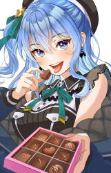 Rule 34 | 1girl, absurdres, blue eyes, blue hair, blush, box, box of chocolates, breasts, earrings, green ribbon, hair between eyes, hat, highres, hololive, hoshimachi suisei, hoshimachi suisei (streetwear), jacket, jewelry, long hair, looking at viewer, medium breasts, one side up, open mouth, pink nails, rainbow--chaser, ribbon, smile, star (symbol), star in eye, symbol in eye, teeth, tongue, tongue out, upper body, upper teeth only, valentine, virtual youtuber, white background