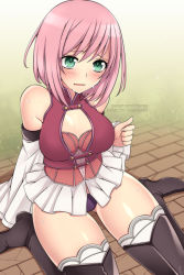 Rule 34 | 1girl, artist name, bare shoulders, blush, breasts, commentary, embarrassed, estellise sidos heurassein, eyebrows, grass, green eyes, kneehighs, lindaroze, looking at viewer, medium breasts, official alternate costume, open mouth, outdoors, pink hair, seiza, short hair, sitting, socks, solo, sweat, tales of (series), tales of vesperia, thighs, watermark, web address