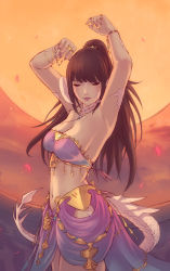 Rule 34 | 1girl, armpits, arms up, au ra, warrior of light (ff14), bandeau, bracelet, breasts, brown hair, cleavage, closed eyes, closed mouth, commission, cowboy shot, detached collar, dragon horns, dragon tail, final fantasy, final fantasy xiv, full moon, harem outfit, high ponytail, horns, jewelry, lips, lipstick, long hair, makeup, medium breasts, midriff, moon, nail polish, navel, necklace, orange background, pelvic curtain, pink lips, pink nails, profile, ring, scales, solo, soranamae, standing, strapless, tail