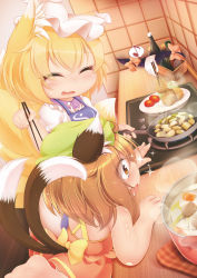 Rule 34 | 3girls, alternate costume, animal ears, apron, bare arms, blonde hair, bottle, brown eyes, brown hair, carrot, cat ears, cat tail, chen, chopsticks, cooking, croquette, dress, drooling, closed eyes, fang, food, food theft, fox ears, fox tail, frying pan, gap (touhou), gloves, hat, hat with ears, highres, indoors, kitchen, kurumai, multiple girls, multiple tails, musical note, open mouth, pot, potato, quaver, reaching, short hair, soup, sparkle, spoken musical note, stove, sundress, sweat, tail, tomato, touhou, white gloves, yakumo ran, yakumo yukari