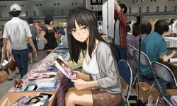 Rule 34 | black hair, book, bottle, breasts, chair, cleavage, comiket, eyebrows, figure, glasses, holding, holding book, indoors, long hair, looking at viewer, manga (object), mask, medium breasts, mouth mask, original, shorts, sitting, solo focus, table, urasuji samurai, water bottle