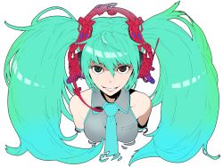 Rule 34 | 1girl, breasts, colorized, green hair, hatsune miku, headphones, heterochromia, jaco, long hair, looking at viewer, medium breasts, simple background, smile, solo, twintails, vocaloid, white background