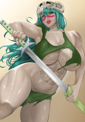 Rule 34 | 1girl, abs, absurdres, bare shoulders, bleach, blue hair, breasts, cleavage, facepaint, hair between eyes, highres, holding, holding sword, holding weapon, huge breasts, large breasts, lips, long hair, muscular, muscular female, nelliel tu odelschwanck, palemaster arts, skull hat, skull helmet, sword, tagme, thick thighs, thighs, torn clothes, weapon, wide hips