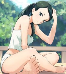 Rule 34 | 1girl, bare shoulders, barefoot, black hair, camisole, character request, day, freckles, green eyes, hand on own head, looking at viewer, niina ryou, original, outdoors, panties, ponytail, sitting, solo, underwear, white panties