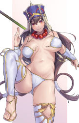 Rule 34 | 1girl, absurdres, bead necklace, beads, bikini, breasts, brown hair, fate/grand order, fate (series), highres, holding, holding staff, jewelry, large breasts, long hair, navel, necklace, prayer beads, red eyes, sandals, sawayuzu, solo, staff, standing, standing on one leg, swimsuit, thighhighs, very long hair, wardrobe malfunction, white bikini, white thighhighs, xuangzang sanzang (fate)