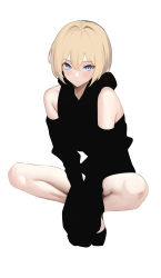 Rule 34 | 1girl, absurdres, bad id, bad twitter id, bare shoulders, black sweater, blonde hair, blue eyes, closed mouth, copyright request, full body, hair between eyes, highres, indian style, legs, looking at viewer, short hair, simple background, sitting, sleeves past fingers, sleeves past wrists, solo, spider apple, sweater, white background