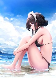 Rule 34 | 1girl, bare arms, bare shoulders, barefoot, beach, bikini, black bikini, black hair, blue eyes, breasts, chinese commentary, cucchiore, frilled bikini, frills, from side, halterneck, highres, hugging own legs, knees up, looking at viewer, looking to the side, maid headdress, medium breasts, multi-strapped bikini, original, outdoors, parted lips, sideboob, sitting, solo, string bikini, swimsuit, thighs, water