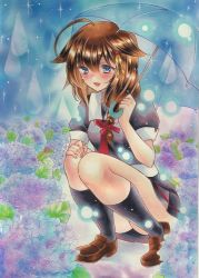 Rule 34 | 1girl, absurdres, ahoge, black serafuku, black skirt, black socks, blush, braid, brown hair, chibi neko, color ink (medium), commentary request, flower, flower request, hair between eyes, hair flaps, hair ornament, hand on own knee, highres, holding, holding umbrella, hydrangea, kantai collection, light particles, loafers, looking at viewer, marker (medium), neckerchief, open mouth, red neckerchief, school uniform, serafuku, shigure (kancolle), shigure kai ni (kancolle), shoes, short sleeves, sidelocks, single braid, skirt, socks, solo, squatting, traditional media, umbrella