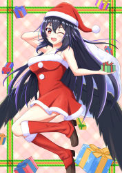 Rule 34 | 1girl, absurdres, bird wings, black hair, black wings, blush, boots, box, breasts, christmas, commentary request, dress, fur-trimmed boots, fur-trimmed dress, fur-trimmed headwear, fur trim, gift, gift box, hat, highres, holding, holding gift, large breasts, legs up, long hair, looking at viewer, o1118, one eye closed, open mouth, red dress, red eyes, red footwear, red hat, reiuji utsuho, santa dress, santa hat, smile, solo, strapless, strapless dress, touhou, wings