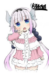 Rule 34 | 1girl, :o, black hairband, blue eyes, blush, character name, child, commentary request, dragon girl, female focus, haaam, hairband, highres, horns, kanna kamui, kobayashi-san chi no maidragon, light purple hair, long hair, looking at viewer, open mouth, pink hair, simple background, solo, thighhighs, twintails, upper body, white background, white thighhighs