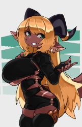 Rule 34 | 1girl, black horns, black nails, black thighhighs, blonde hair, borrowed character, breasts, choker, clothing cutout, dark-skinned female, dark skin, dragon girl, dragon horns, dragon tail, earrings, fingerless gloves, fingernails, gloves, green eyes, grin, highres, hip vent, horn ornament, horn ring, horns, jewelry, large breasts, large ears, long fingernails, long hair, long sleeves, looking to the side, nail polish, o-ring, o-ring dress, original, pointy ears, pyrite (ironbunz), scales, shortstack, side cutout, smile, solo, standing, stud earrings, tail, tan, tanline, thighhighs, underboob, underboob cutout, very long hair, zanamaoria