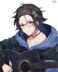Rule 34 | 1boy, acoustic guitar, alternate hairstyle, bespectacled, bishounen, black hair, closed mouth, forehead, glasses, guitar, hair ornament, hairclip, highres, holding, holding instrument, holostars, hood, hood down, instrument, jacket, kanade izuru, light smile, lightning bolt, lightning bolt hair ornament, lightning bolt symbol, looking at viewer, male focus, music, official alternate costume, purple eyes, riri zuran, signature, simple background, solo, virtual youtuber, white background
