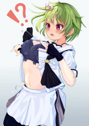 Rule 34 | !?, 1girl, \||/, accidental pervert, aosakana com, ascot, black ascot, black bra, black gloves, blush, bra, breasts, commentary request, cowboy shot, crocodile hair ornament, embarrassed, eyelashes, fingerless gloves, floral print, flying button, flying sweatdrops, gloves, gradient background, green hair, grey background, hair between eyes, hands up, highres, large breasts, looking at object, midriff, navel, nomura miki, open clothes, open mouth, open shirt, pink eyes, popped button, puffy short sleeves, puffy sleeves, revision, school uniform, shirt, short hair, short sleeves, simple background, skirt, solo, standing, stomach, summer pockets, surprised, teeth, underwear, v-shaped eyebrows, wardrobe malfunction, white shirt, white skirt