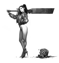 Rule 34 | 1girl, blood, bottomless, breasts, cleaver, closed mouth, from side, greyscale, hand in pocket, heart, high heels, image sample, jacket, crossed legs, long hair, looking at another, looking at viewer, monochrome, open clothes, open jacket, original, ponytail, profile, severed head, shoes, standing, sunkist, unzipped, white background