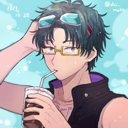 Rule 34 | 1boy, bare shoulders, black hair, chiimako, cup, drinking, drinking glass, drinking straw, glasses, gnosia, goggles, green hair, jewelry, long sleeves, looking at viewer, male focus, necklace, sha-ming, shirt, short hair, sleeveless, sleeveless shirt, solo, upper body