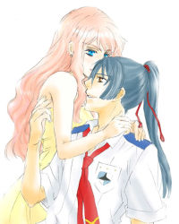 Rule 34 | 00s, 1boy, 1girl, :d, bare shoulders, black hair, blue eyes, blush, brown eyes, couple, dress, earrings, emblem, hand up, hetero, hug, jewelry, long hair, looking to the side, macross, macross frontier, necktie, open mouth, pink hair, ponytail, red necktie, saotome alto, sheryl nome, shirt, short sleeves, simple background, sleeveless, sleeveless dress, smile, uniform, upper body, ussu, white background, white shirt, yellow dress