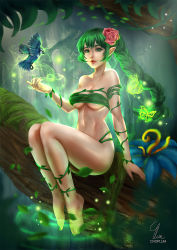 Rule 34 | 1girl, artist name, barefoot, bird, blue flower, breasts, bug, butterfly, choplum, dryad, dryad (terraria), fire emblem, flower, full body, green hair, green nails, hair flower, hair ornament, highres, insect, large breasts, long hair, monster girl, nail polish, nintendo, outdoors, pink flower, pointy ears, realistic, sitting, terraria, tiki (fire emblem)