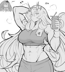 Rule 34 | abs, absurdres, bottle, breasts, english text, barghest (fate), fate/grand order, fate (series), greyscale, highres, large breasts, long hair, looking at viewer, monochrome, muscular, muscular female, sally (luna-arts), sports bra, sportswear, sweat, water bottle, wristband
