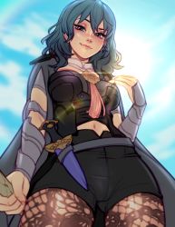 Rule 34 | 1girl, arm guards, belt, blue eyes, blue hair, blushyspicy, brown pantyhose, byleth (female) (fire emblem), byleth (fire emblem), cowboy shot, dagger, day, fire emblem, fire emblem: three houses, from below, knife, lace, lace-trimmed legwear, lace trim, lens flare, lips, long hair, looking at viewer, looking down, navel, nintendo, pantyhose, pantyhose under shorts, print pantyhose, shorts, solo, weapon