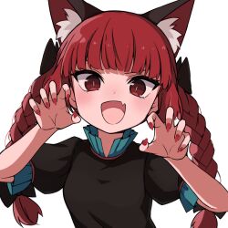 Rule 34 | 1girl, :d, aki inu, animal ear fluff, animal ears, black bow, black dress, blush, bow, braid, cat ears, claw pose, dress, extra ears, fang, hair bow, kaenbyou rin, long hair, looking at viewer, open mouth, red eyes, red hair, red nails, short sleeves, simple background, skin fang, slit pupils, smile, solo, touhou, twin braids, upper body, white background