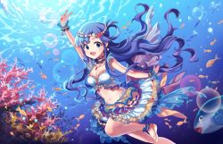 Rule 34 | 10s, 1girl, air bubble, anklet, arm up, artist name, asari nanami, bare legs, bare shoulders, blue eyes, blue hair, blush, bracelet, breasts, bubble, choker, circlet, cleavage, coral, crop top, fish, fish hair ornament, floating hair, frills, hair ornament, idolmaster, idolmaster cinderella girls, jewelry, long hair, looking at viewer, midriff, navel, necklace, open mouth, sandals, scrunchie, skirt, smile, solo, songmil, underwater, v, very long hair, water, wrist scrunchie