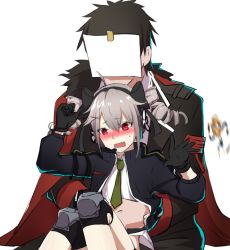 Rule 34 | 1boy, 1girl, black gloves, black hair, blurry, blush, commander (girls&#039; frontline), drill hair, earphones, eyebrows, girls&#039; frontline, gloves, green necktie, grey hair, griffin &amp; kryuger military uniform, hair ornament, hair ribbon, hand on another&#039;s stomach, headphones, jacket, knee pads, necktie, nose blush, open mouth, paper, pp-90 (girls&#039; frontline), red eyes, ribbon, short hair, sitting, sitting on person, strap, sweat, twintails, x hair ornament, xiujia yihuizi