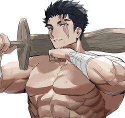 Rule 34 | 003 ssq, 1boy, abs, bara, eyebrow cut, highres, large pectorals, male focus, muscular, muscular male, nude, obliques, original, over shoulder, partially blind, pectorals, scar, scar across eye, shredded muscles, sideburns, solo, sword, sword over shoulder, thick eyebrows, upper body, weapon, weapon over shoulder, wiping sweat, wooden sword