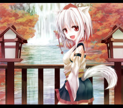 Rule 34 | 1girl, animal ears, canae0, detached sleeves, female focus, hat, highres, inubashiri momiji, letterboxed, open mouth, red eyes, short hair, skirt, solo, tail, tokin hat, touhou, water, waterfall, white hair, wolf ears, wolf tail