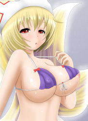 Rule 34 | 1girl, areola slip, bikini, blonde hair, breasts, cleavage, female focus, fox tail, front-tie top, hat, hat with ears, hifumi kei, large breasts, looking at viewer, multiple tails, nipple slip, nipples, open mouth, purple bikini, red eyes, short hair, solo, strap pull, swimsuit, tail, touhou, underboob, upper body, yakumo ran