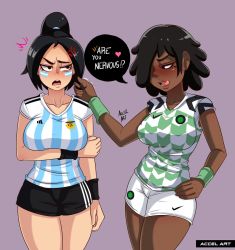 Rule 34 | argentina, black hair, brown eyes, dark skin, fifa, hand on own hip, highres, hip focus, jersey, short shorts, shorts, soccer uniform, sportswear, the accel, thick thighs, thighs, tongue, very dark skin, wide hips