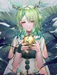 Rule 34 | 1girl, antlers, apple, asymmetrical gloves, braid, braided bangs, breasts, ceres fauna, fingerless gloves, flower, food, fruit, gloves, golden apple, green hair, green nails, hair flower, hair ornament, highres, hololive, hololive english, horns, large breasts, leaf, leaf background, long hair, looking at viewer, mole, mole under eye, nail polish, single braid, smile, solo, takubon, virtual youtuber, yellow eyes