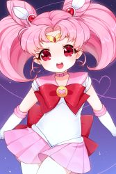 Rule 34 | 1girl, :d, bishoujo senshi sailor moon, bishoujo senshi sailor moon s, bow, brooch, chibi usa, choker, cone hair bun, cowboy shot, double bun, elbow gloves, gloves, hair bun, hair ornament, hairpin, heart, heart brooch, heart of string, highres, jewelry, koll, looking at viewer, open mouth, pink hair, pink skirt, pleated skirt, purple background, red bow, red eyes, sailor chibi moon, sailor collar, short hair, skirt, smile, solo, standing, tiara, twintails, white gloves
