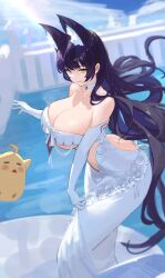 Rule 34 | 1girl, absurdres, animal ear fluff, animal ears, ass, ass cutout, azur lane, bare shoulders, black hair, breasts, bridal veil, clothing cutout, dress, facial mark, fox ears, fox girl, highres, jojo xiuxian, large breasts, long hair, looking at viewer, manjuu (azur lane), musashi (azur lane), musashi (purest wisteria) (azur lane), official alternate costume, revealing clothes, see-through, sideless dress, solo, tail, veil, very long hair, wedding dress, white dress, yellow eyes