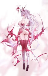 Rule 34 | 1girl, absurdres, agoto, arm behind back, ass, breasts, detached sleeves, dress, from behind, full body, grey hair, hair between eyes, high heels, highres, large breasts, long hair, looking at viewer, looking back, low wings, original, red eyes, red thighhighs, red wings, simple background, skindentation, solo, thigh strap, thighhighs, very long hair, white background, wings