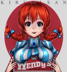 Rule 34 | 1girl, blue eyes, breasts, freckles, kirubi san, long hair, looking at viewer, medium breasts, open mouth, red hair, smile, solo, striped, striped sleeves, twintails, upper body, wendy&#039;s, wendy (wendy&#039;s)
