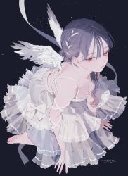 Rule 34 | angel wings, barefoot, black background, black hair, bow, braid, breasts, cleavage, crop top, downblouse, expressionless, frilled skirt, frills, highres, layered skirt, light particles, median furrow, medium breasts, namu ta03, original, red eyes, ribbon, shirt, signature, skirt, swept bangs, white bow, white ribbon, white shirt, white skirt, wings