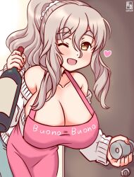 Rule 34 | 1girl, alternate costume, alternate hairstyle, apron, artist logo, blue pants, bottle, breasts, brown eyes, commentary request, cowboy shot, dated, denim, door, doorknob, grey hair, italian text, jeans, kanon (kurogane knights), kantai collection, large breasts, long hair, off-shoulder sweater, off shoulder, one-hour drawing challenge, one eye closed, pants, pink apron, pola (kancolle), smile, solo, sweater, thick eyebrows, white sweater, wine bottle
