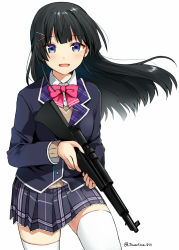 Rule 34 | 1girl, black hair, black jacket, blazer, blue eyes, blush, bow, bowtie, commentary request, cowboy shot, floating hair, gun, hair ornament, hairclip, holding, holding gun, holding weapon, jacket, long hair, long sleeves, looking at viewer, miniskirt, nijisanji, open mouth, pink bow, pink bowtie, pleated skirt, skirt, smile, solo, standing, submachine gun, tarachine, thighhighs, tsukino mito, tsukino mito (1st costume), twitter username, virtual youtuber, weapon, white thighhighs, wing collar